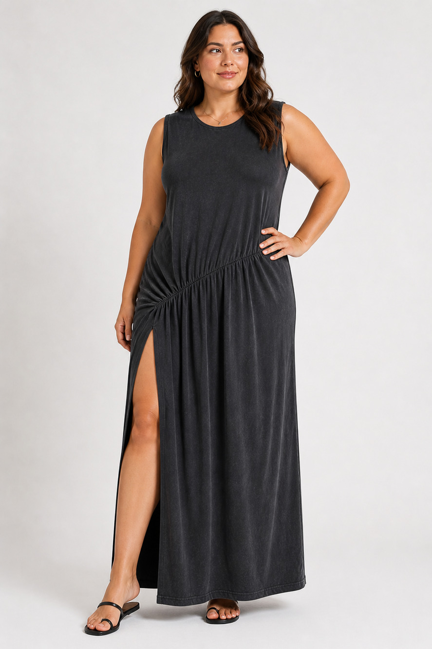 Peruvian Connection Lagenlook Black Washed Knit Sleeveless Side Slit Dress sz XL